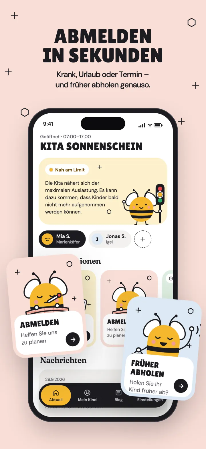Abmelden in Sekunden: Krank, Urlaub oder Termin – und früher abholen genauso.