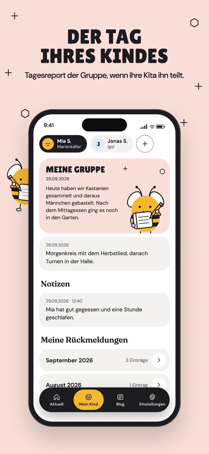 Der Tag Ihres Kindes: Tagesreport der Gruppe, wenn Ihre Kita ihn teilt.