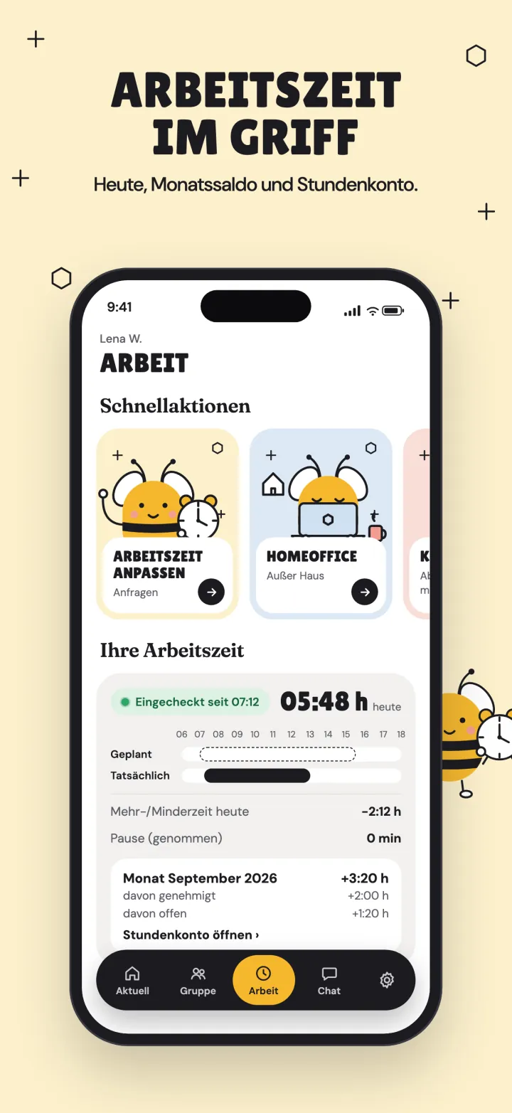 Arbeitszeit im Griff: Heute, Monatssaldo und Stundenkonto.