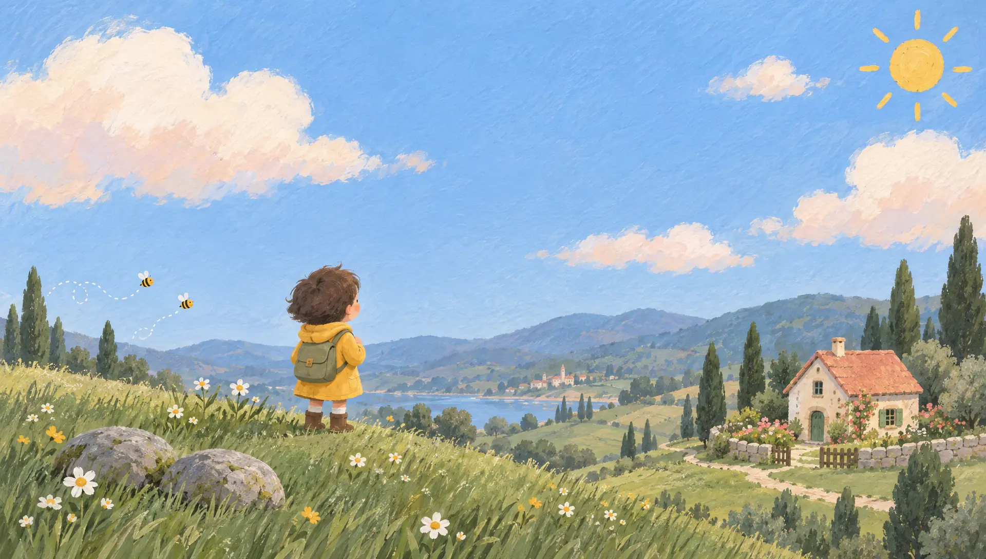 A child in a yellow raincoat stands on a meadow looking across the valley to a small Kita