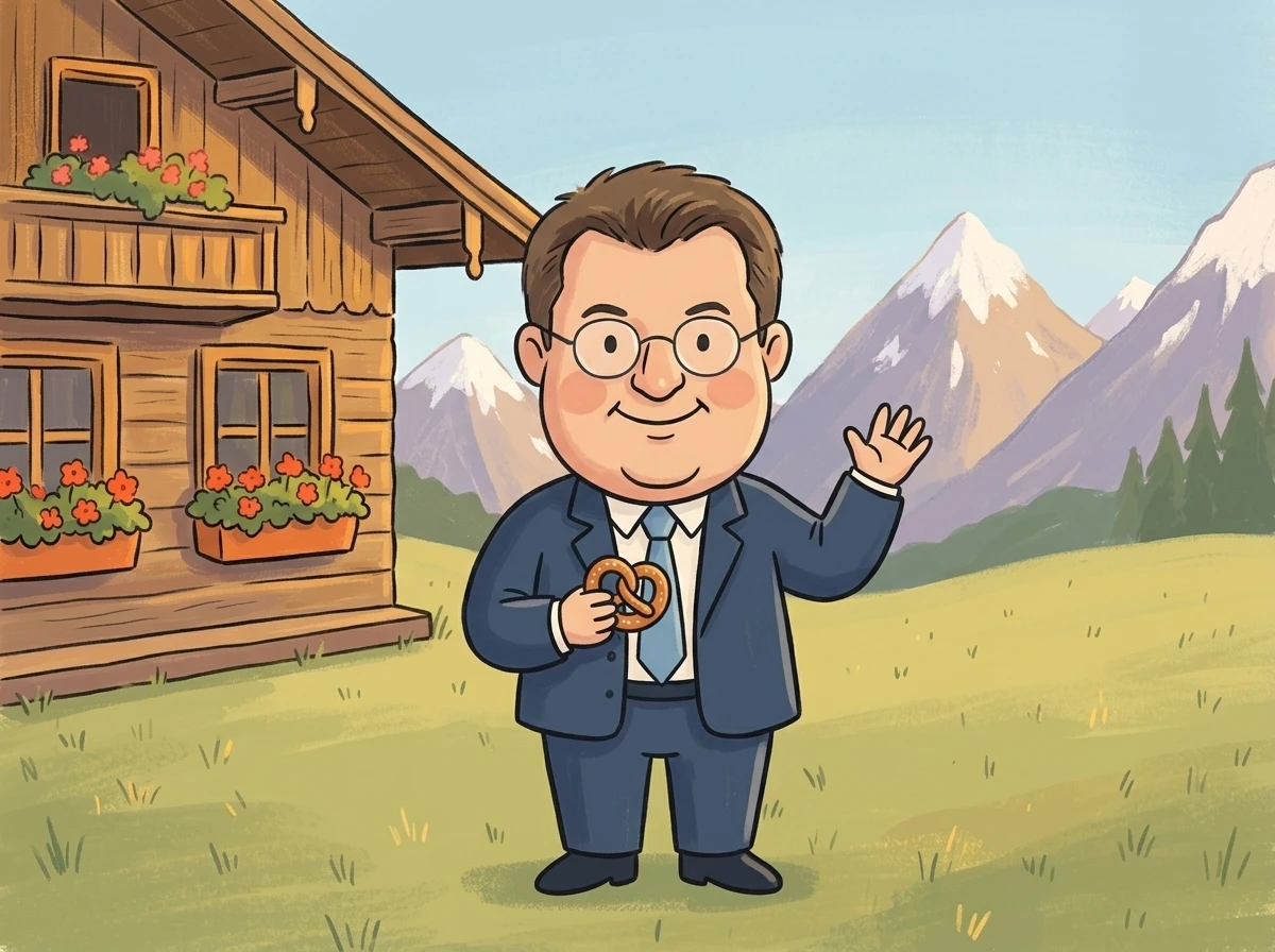 Karikatur von Markus Söder im bayerischen Alpenpanorama mit Brezel, im Stil der Bienenstock-Kita-Illustrationen