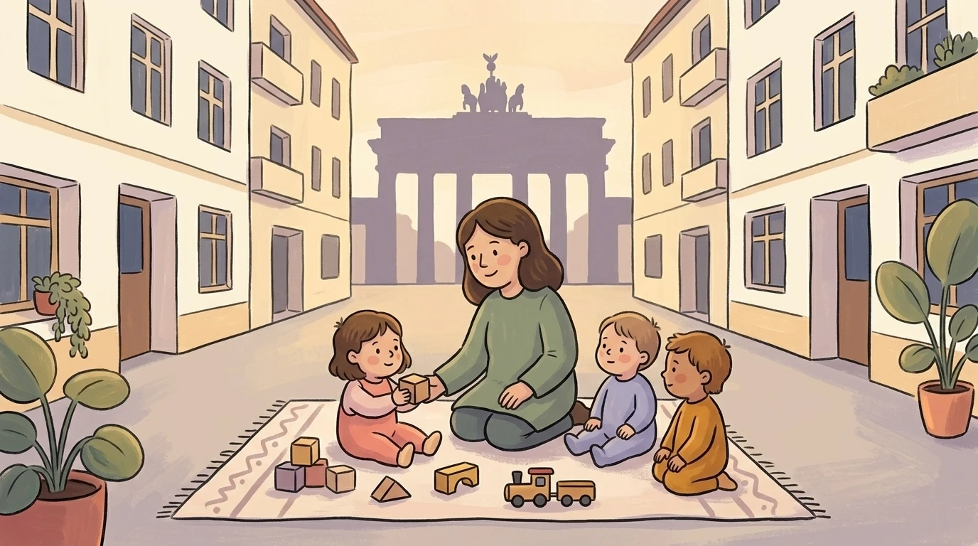 Kindertagesstätte in Berlin, Brandenburger Tor in der Ferne, Kinder spielen auf modernem Innenhof