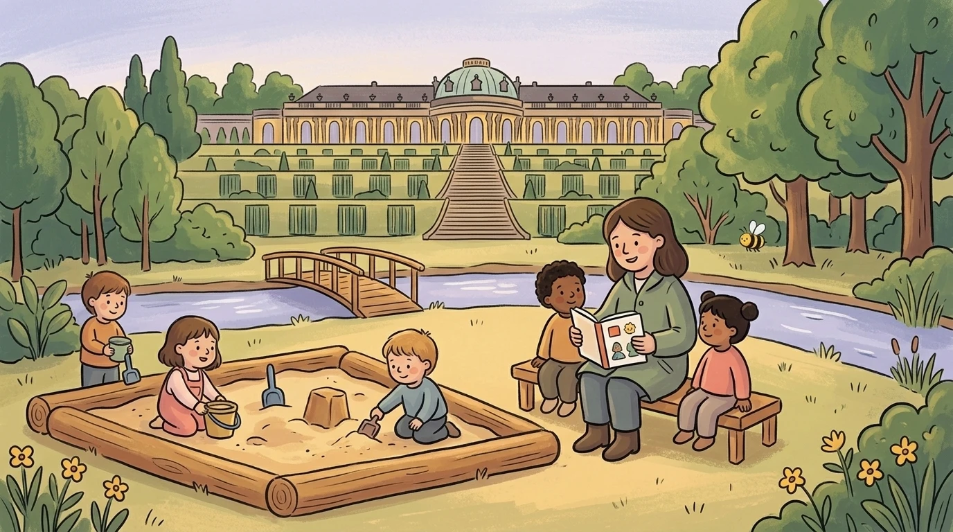Kindergarten in Brandenburg mit Schloss Sanssouci und Spreewald-Atmosphäre, Kinder im Freien