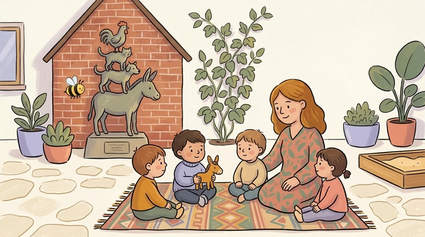 Kindergarten in Bremen mit Bremer Stadtmusikanten-Statue, Kinder spielen vor Backsteinfassade