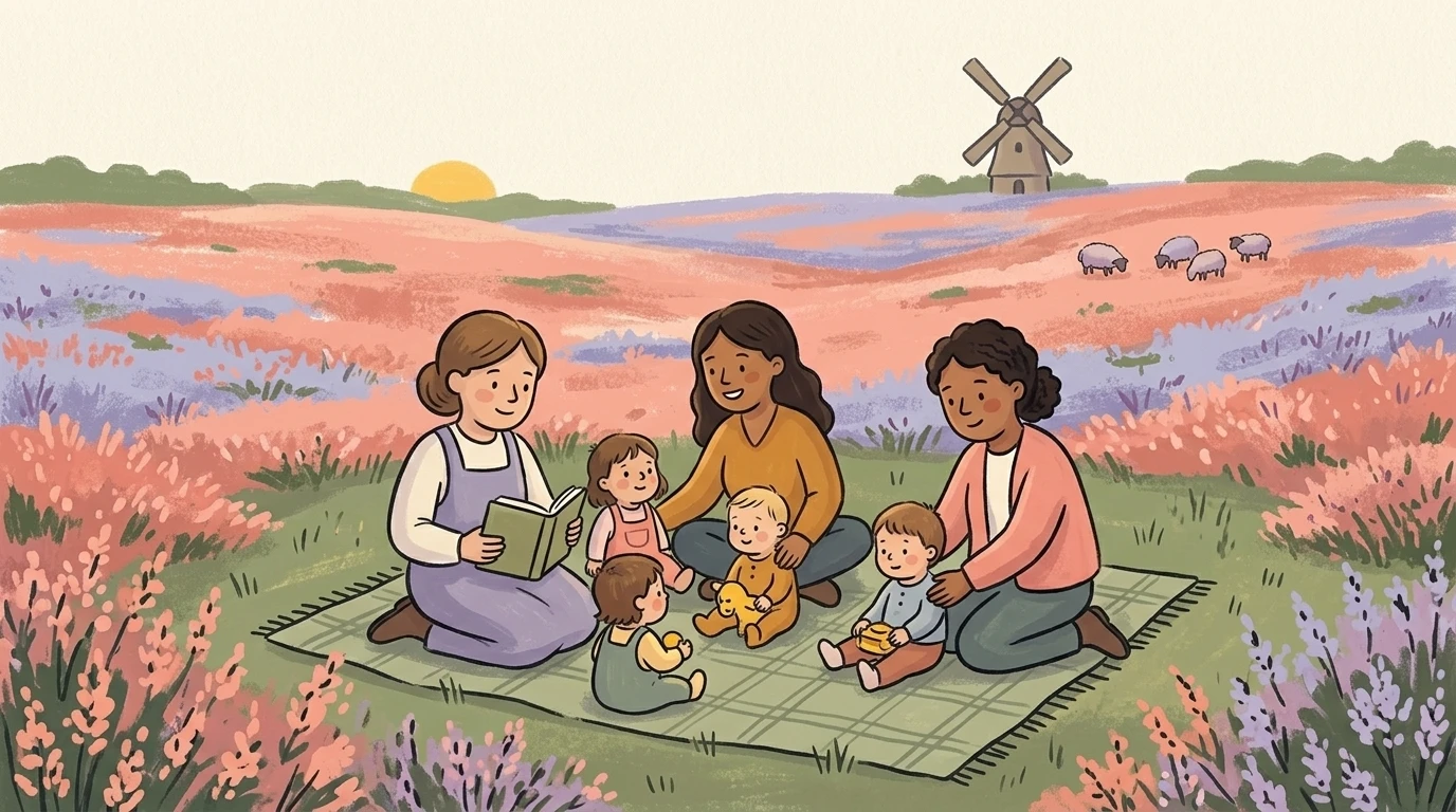 Kindergarten in Niedersachsen mit Lüneburger Heide-Landschaft, Kinder spielen im naturnahen Außenbereich