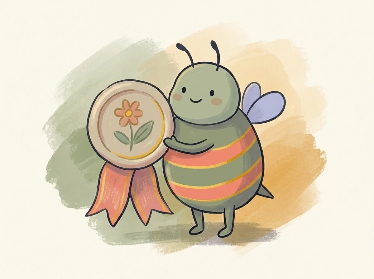 Bienenfigur hält eine Plakette mit Blumenmotiv und Schleife — symbolisiert Betriebserlaubnis
