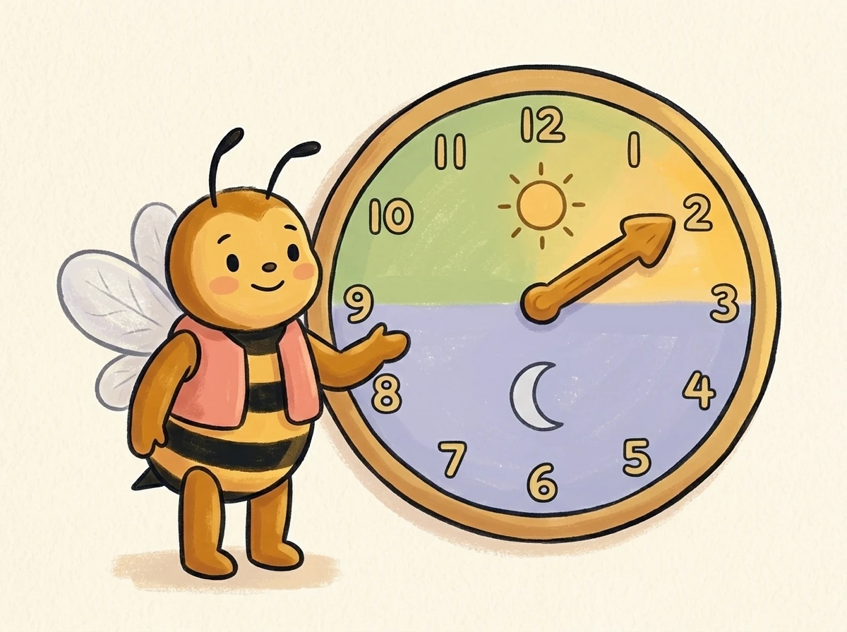 Biene neben einer Uhr mit Tag-/Nacht-Hälften — symbolisiert Umstellung des Betreuungsmodells