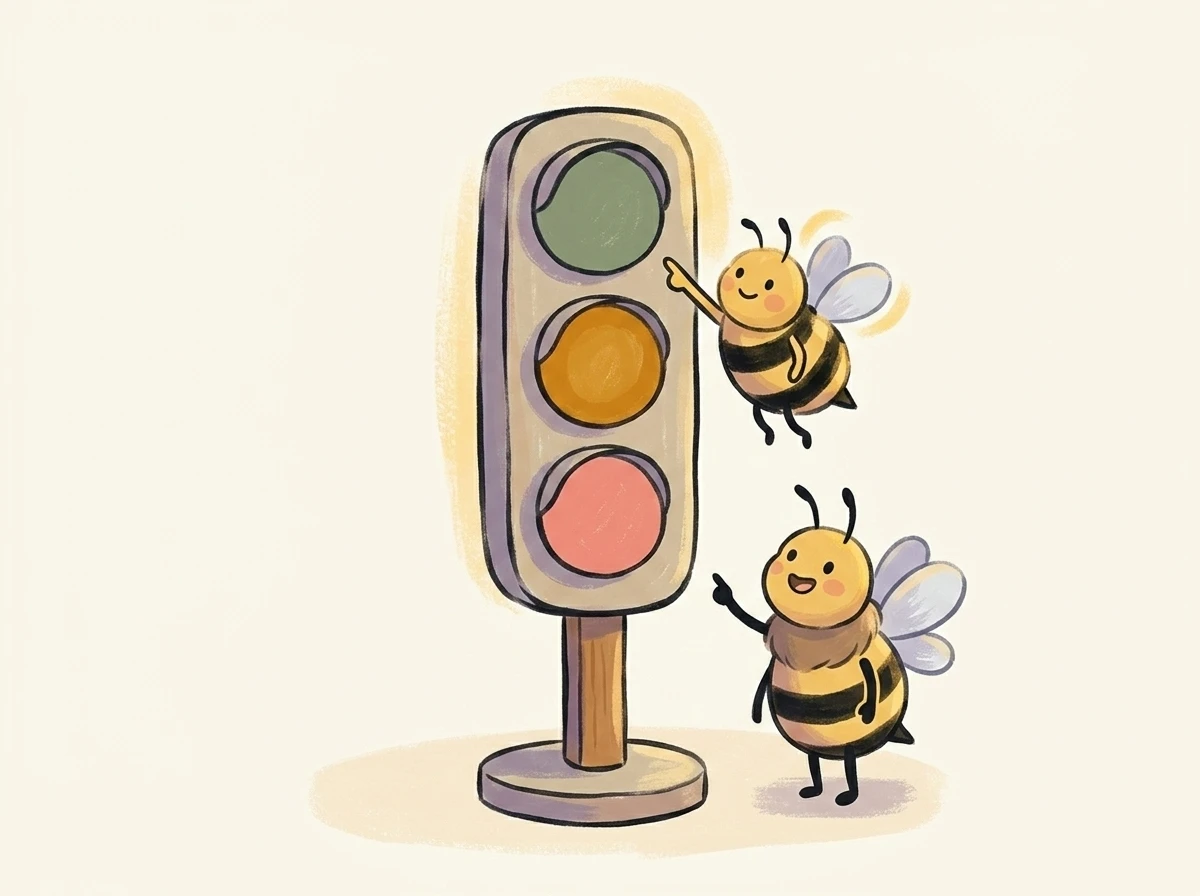 Bienen bei einer Ampel mit grün/gelb/rot — symbolisiert Ampel-System für Eltern