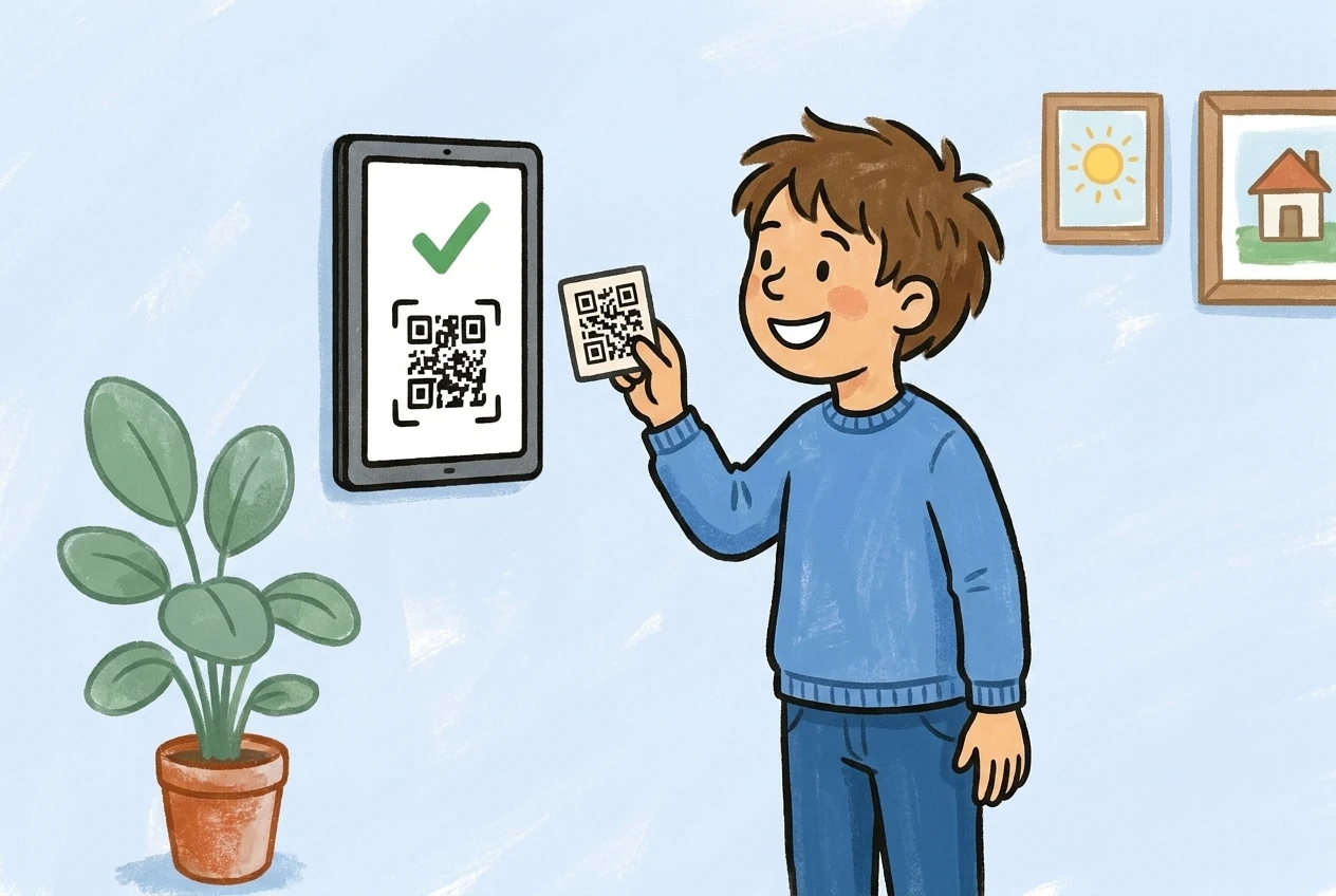 Child checking themselves in via QR code at the tablet