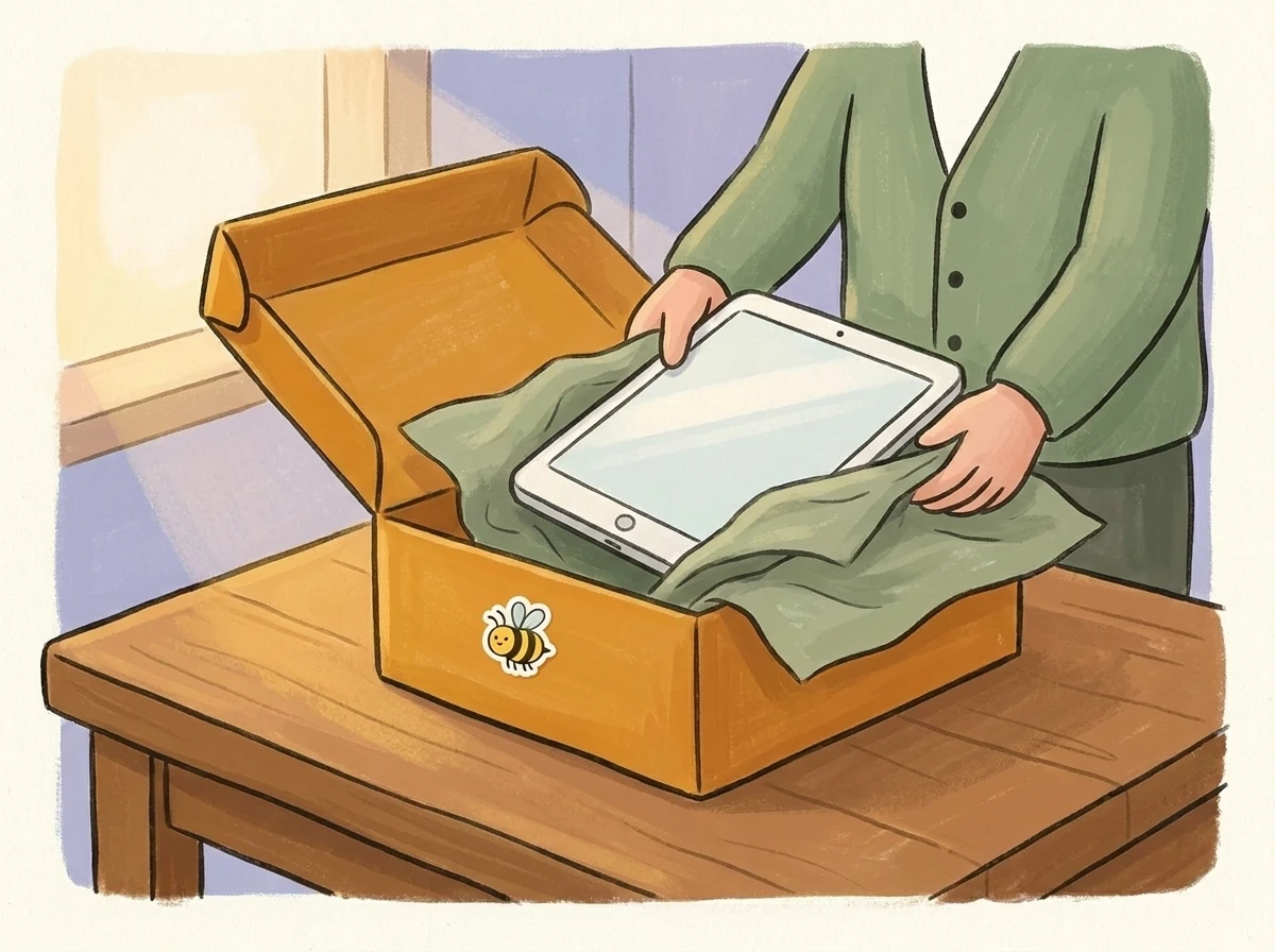 Person unpacking a tablet from a Bienenstock box