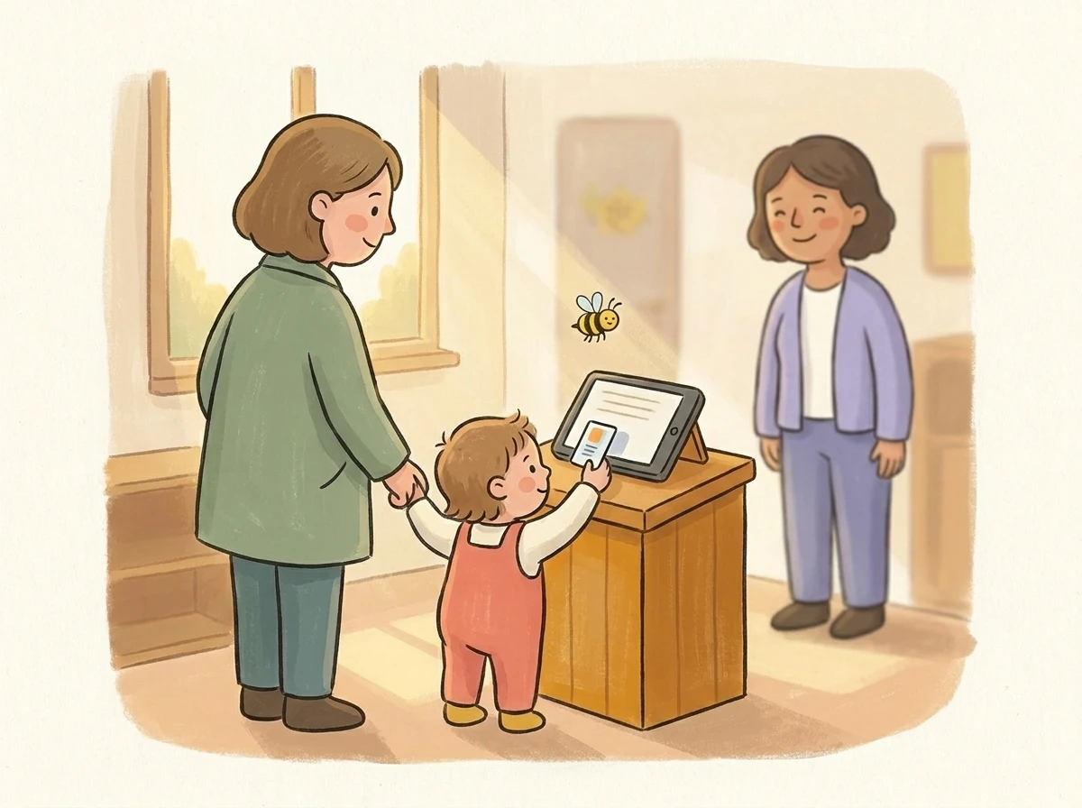 Elternteil und Kind beim ersten Tablet-Check-in im Kita-Eingang