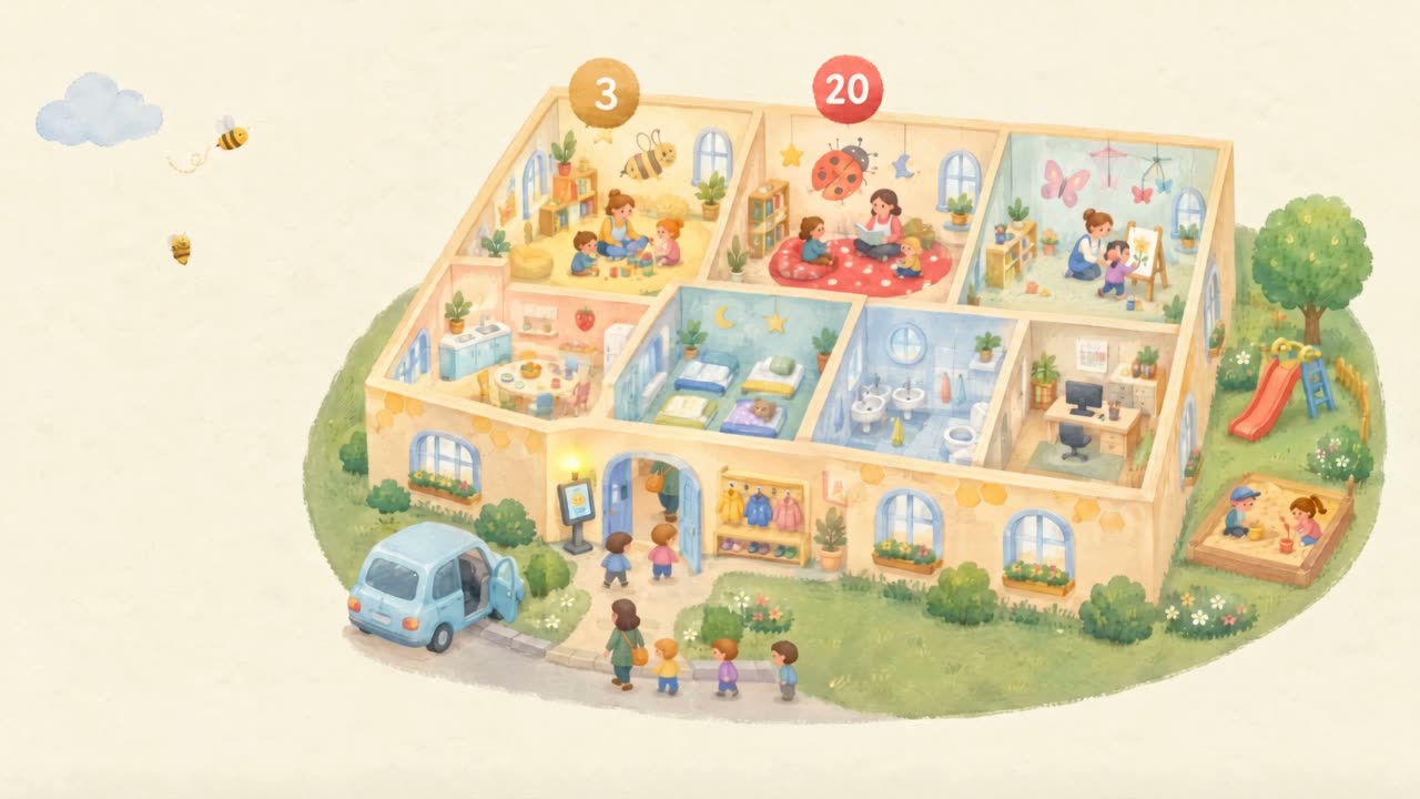 Painted cutaway of a childcare centre with live occupancy above each group and a check-in tablet at the door