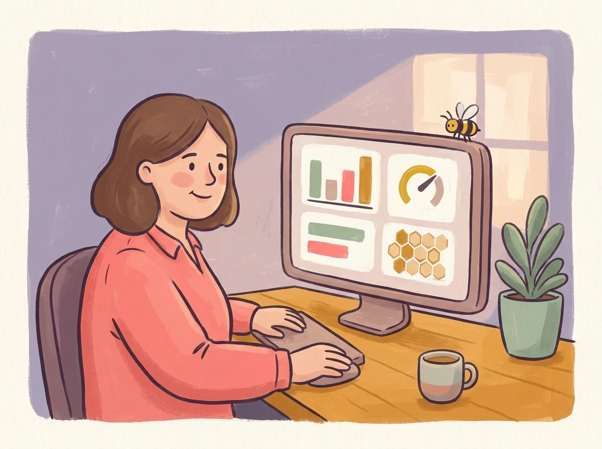 Kita-Managerin am Bürocomputer mit Dashboard-Grafiken